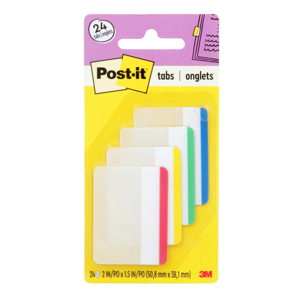 Post-it Durable Tabs, 2 in. x 1.5 in. Pack of 24 Tabs, Beige, Green, Red, Canary Yellow