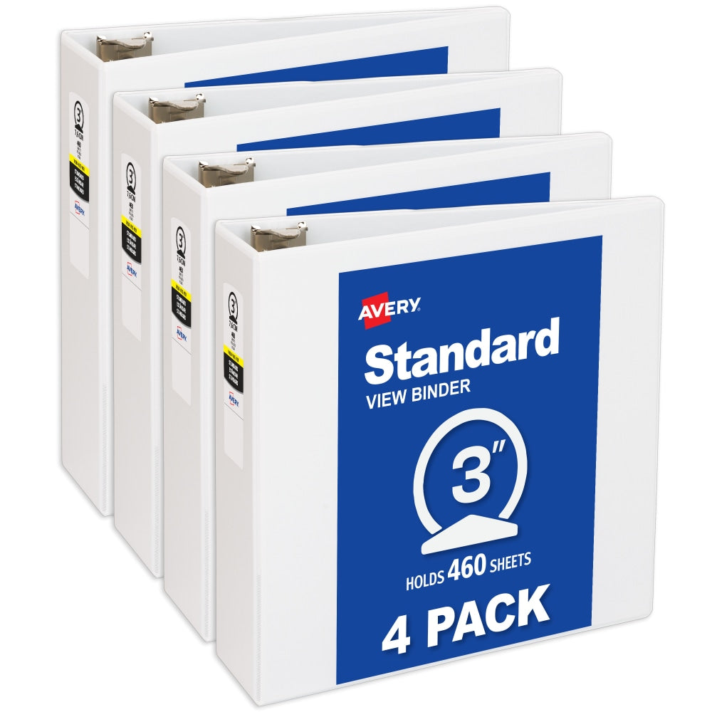 Avery Standard View 3 Ring Binders, 3in Round Rings, White, Pack Of 4
