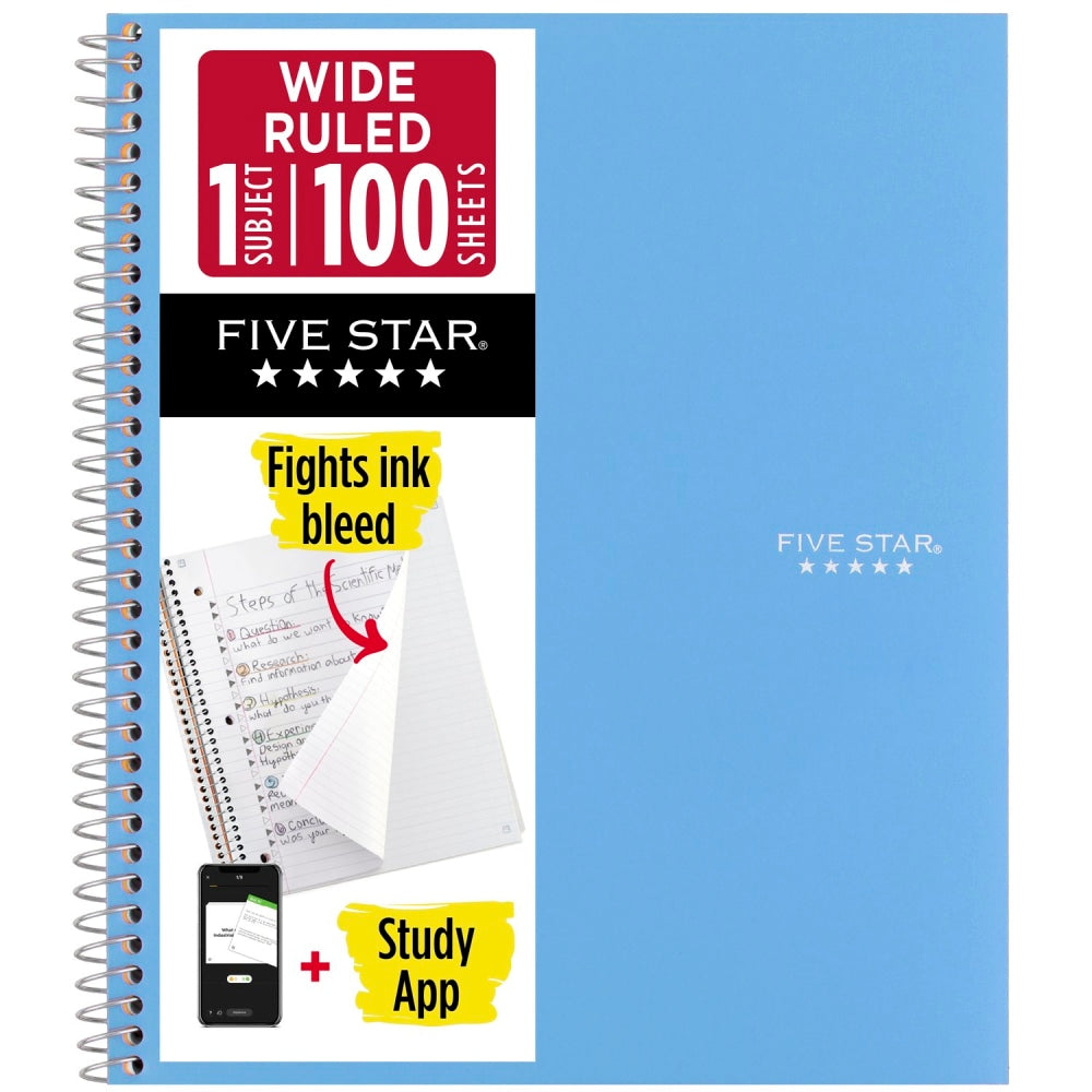 Five Star Spiral Notebook Plus Study App, 1 Subject, Wide Ruled, 8in x 10 1/2in, Sky Blue