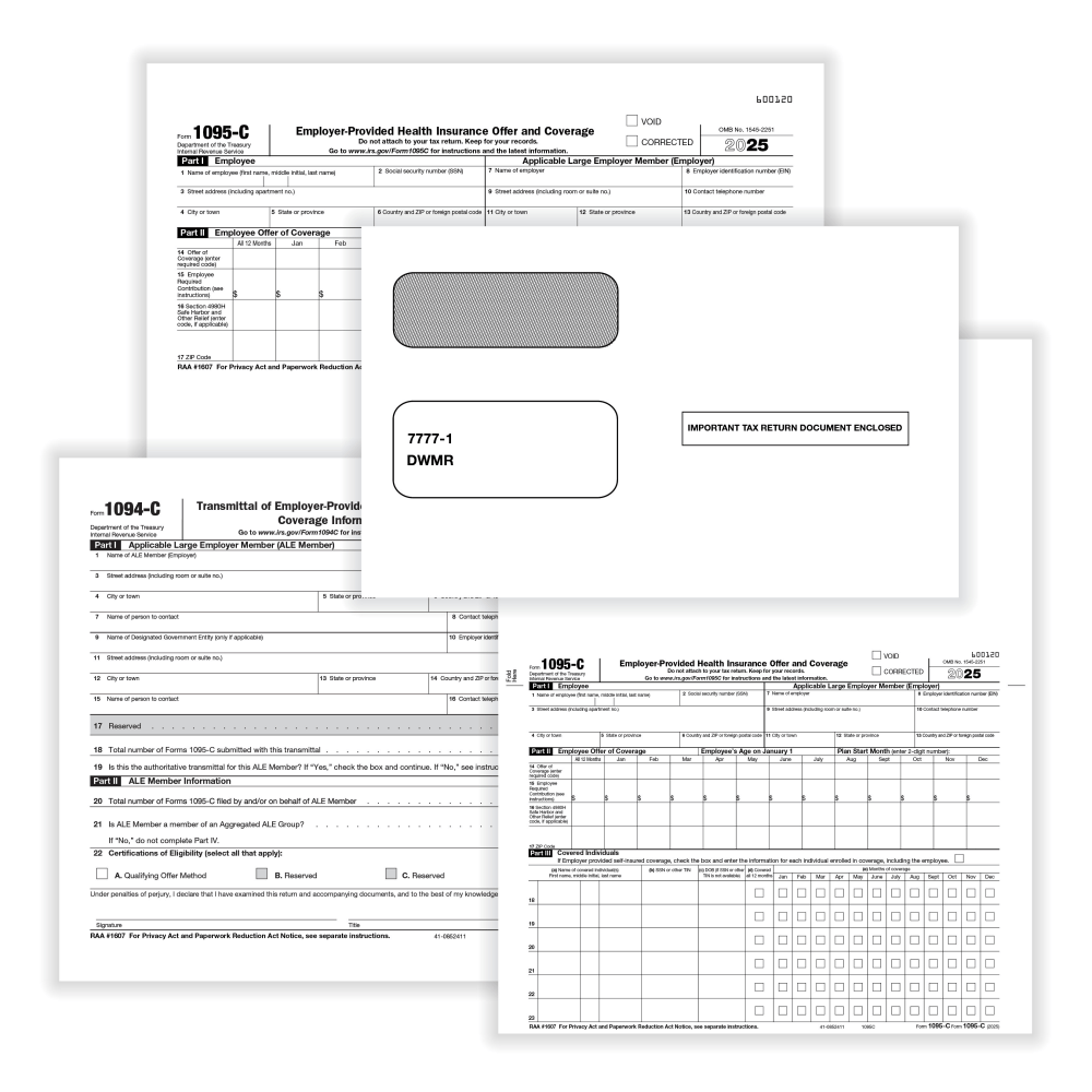 ComplyRight 1095-C Tax Forms Set, Employer-Provided Health Insurance Offer And Coverage Forms With Envelopes, 8-1/2in x 11in, Set for 50 Recipients