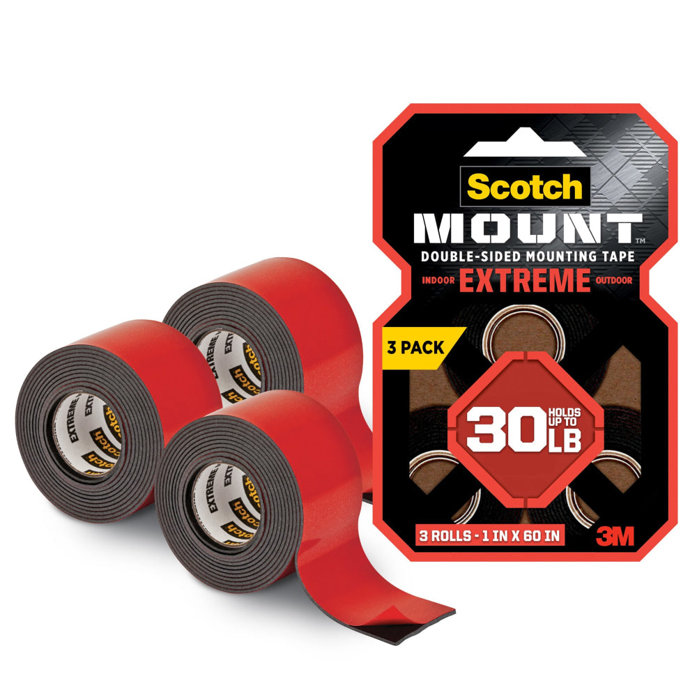 Scotch-Mount Heavy Duty Double-Sided Mounting Tape, 1 x 60 in, 3 Black Tape Rolls, Holds up to 30 lbs, Industrial Strength Adhesive, Multi-Surface