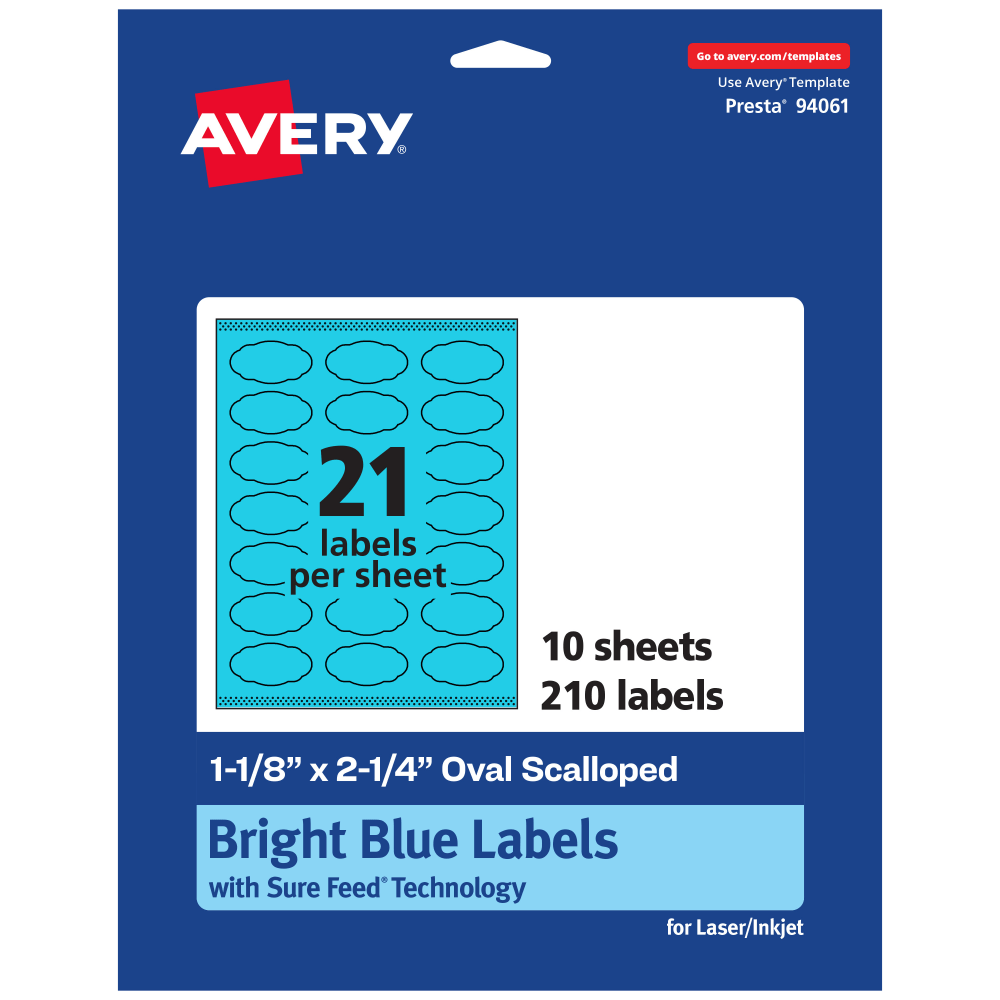 Avery Print-To-The-Edge Labels With Sure Feed Technology And Easy Peel, 94061-BBP10, Oval Scalloped, 1-1/8inx2-1/4in, Matte Bright Blue, Pack of 210