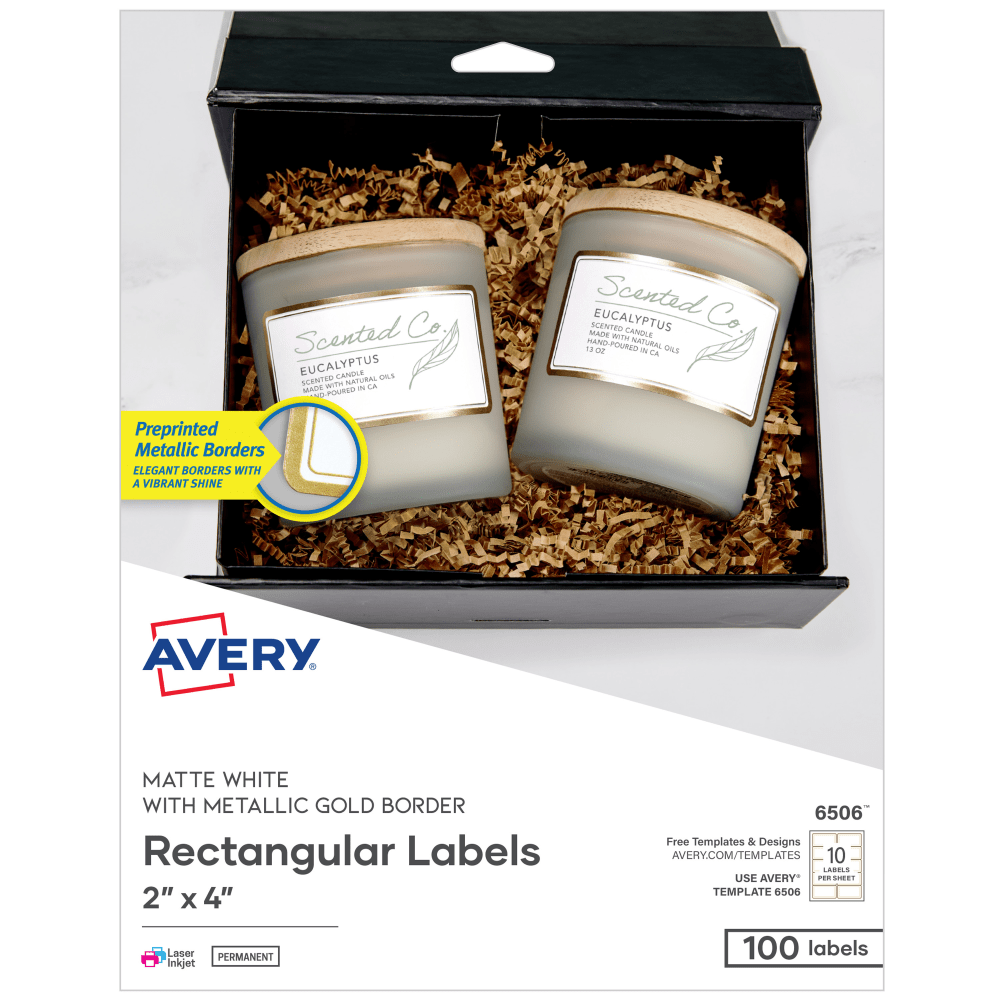 Avery Printable Labels With Metallic Border, Rectangle, 2in x 4in, Matte White, Pack Of 100