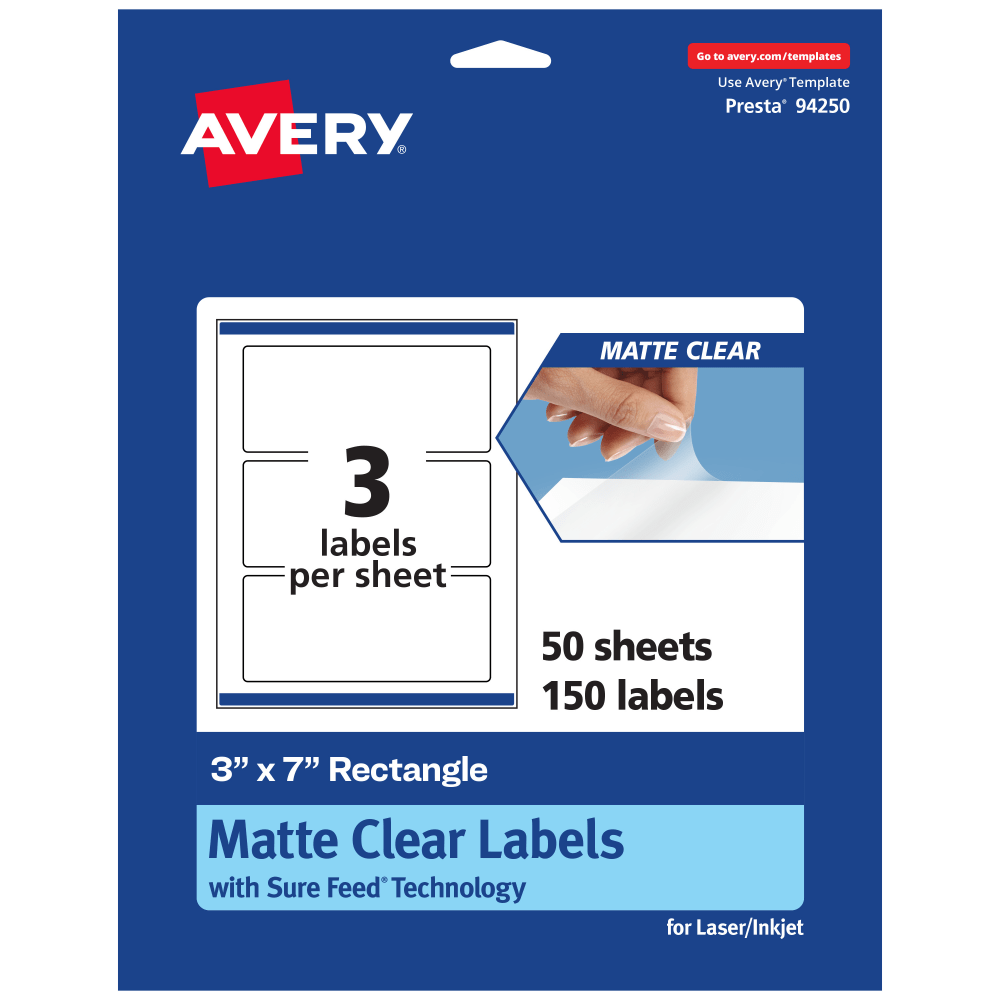Avery Permanent Labels With Sure Feed, 94250-CMF50, Rectangle, 3in x 7in, Matte Clear, Pack Of 150