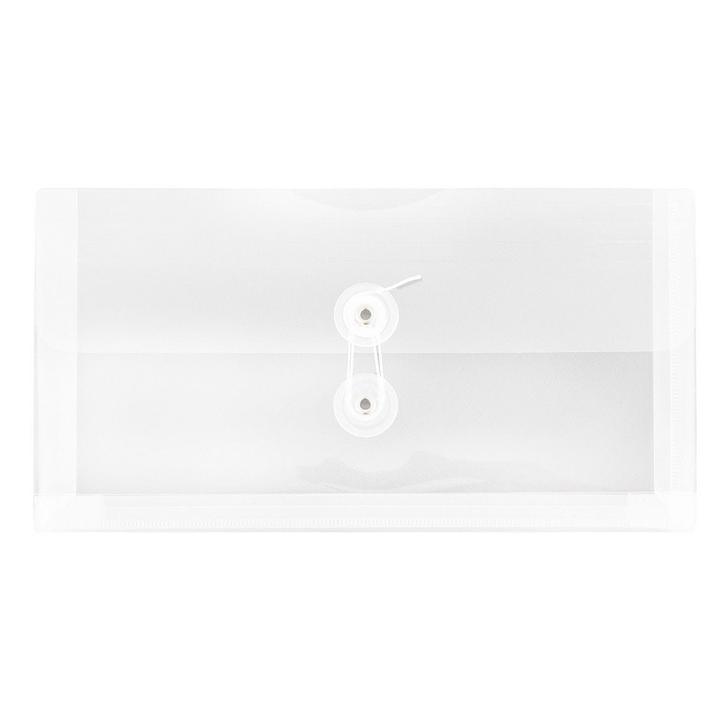 JAM Paper Booklet Plastic Envelopes, #10, Button & String Closure, Clear, Pack Of 12