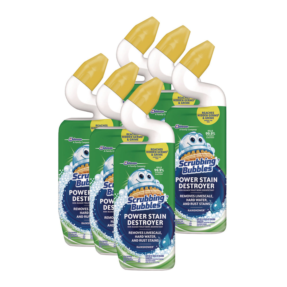 Scrubbing Bubbles Power Stain Destroyer Toilet Bowl Disinfectant, Rainshower Scent, 24 oz Bottle, 6/Carton