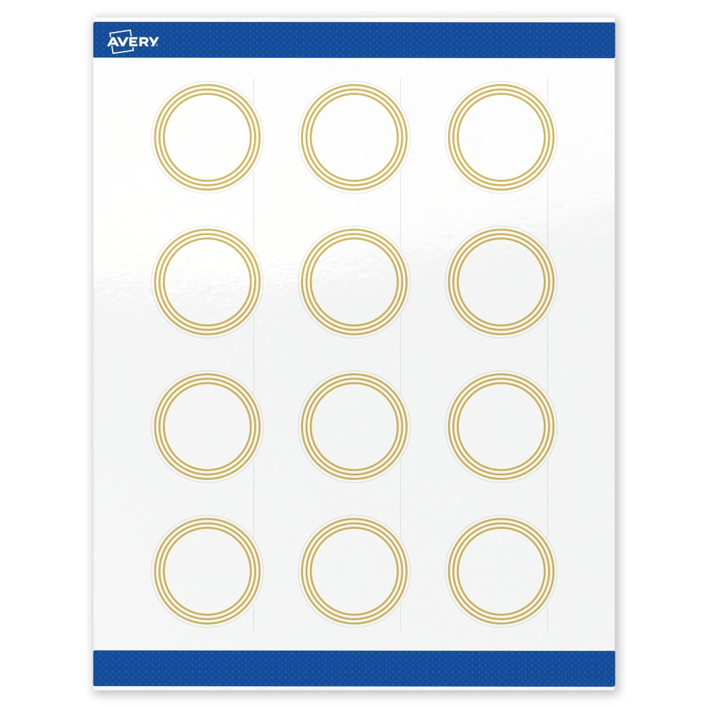 Avery Print-To-The-Edge Labels & Sure Feed, S00-D18-PRWGP10, 2in Round, Glossy White, Preprinted Multi-Lined Gold Border Design, Pack Of 120