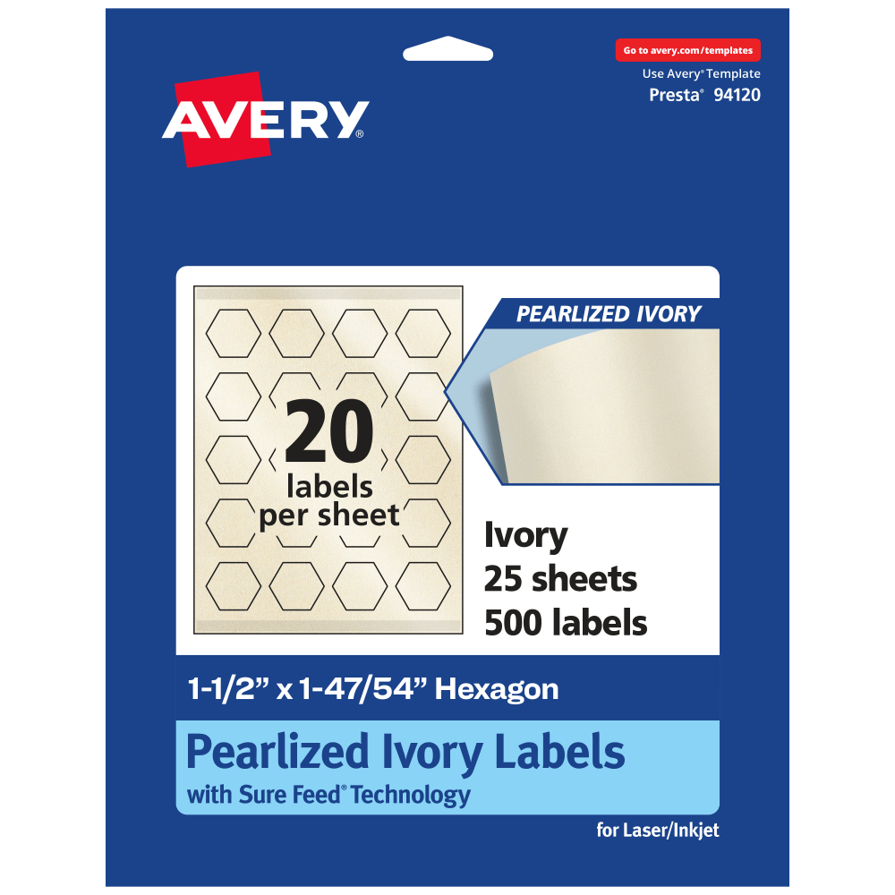 Avery Pearlized Permanent Labels With Sure Feed, 94120-PIP25, Hexagon, 1-1/2in x 1-47/54in, Ivory, Pack Of 500 Labels