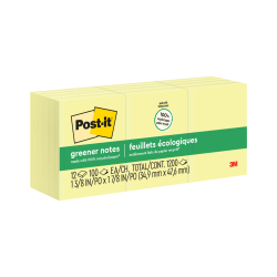 Post-it Greener 100% Recycled Paper Notes, 1.38 x 1.88 in, 12 Mini Sticky Note Pads, 100 Sheets/Pad, School and Office Supplies, Canary Yellow