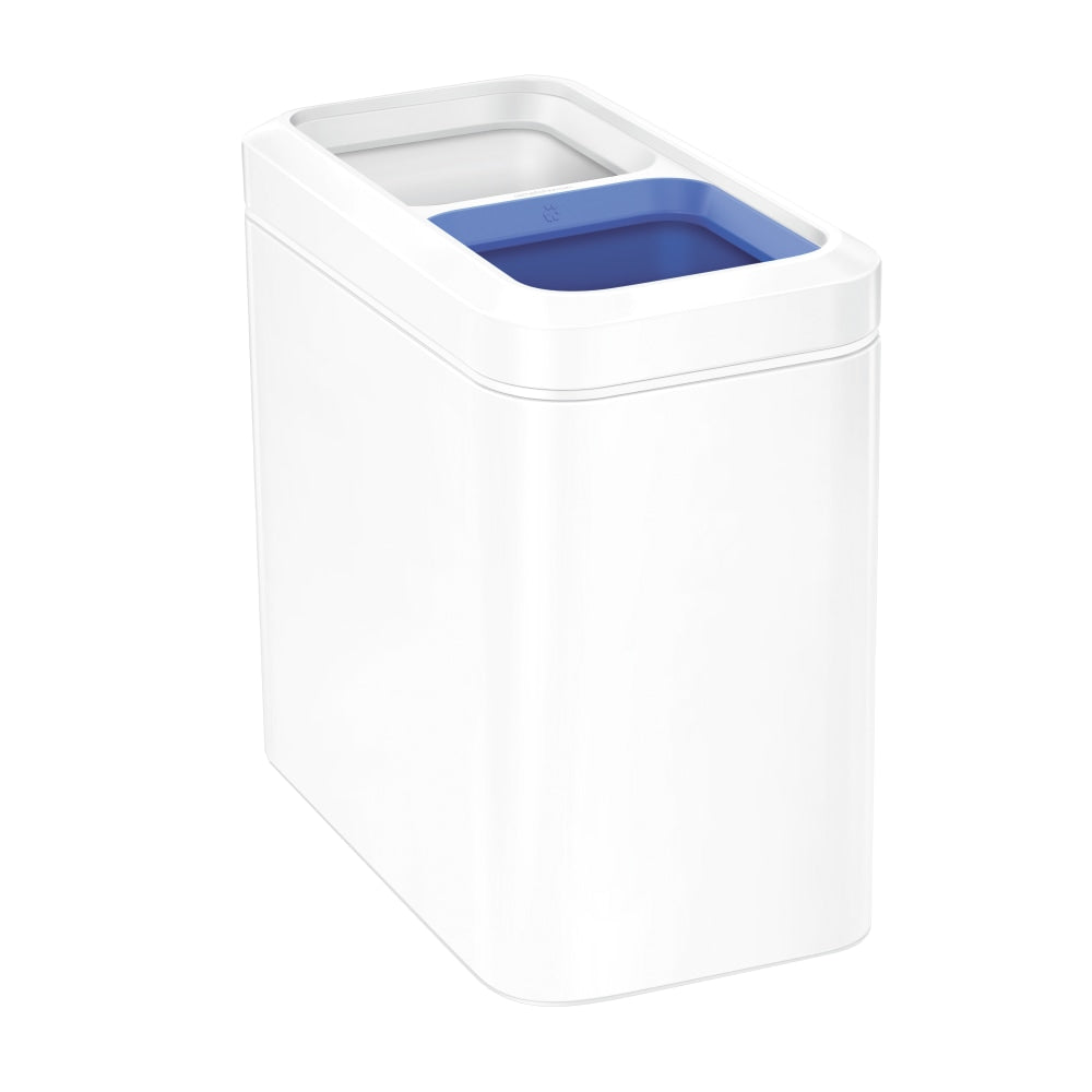 simplehuman Slim Open Top Mini Trash Can, 5.3 Gallons, Dual Compartment Recycler, 15.2inH x 8.7inW x 16.7inD, Rectangular, White Steel