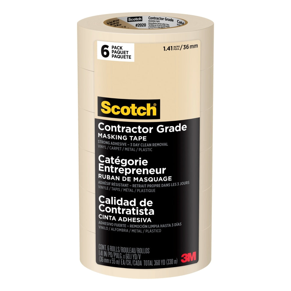 Scotch Contractor Grade Masking Tape, Removable, 6 Tape Rolls, 1.41 in x 60.1 yd, 3in Core, White