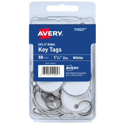 Avery Metal Rim Key Tags With Metal Split Ring, 1-1/4in Diameter, White, Pack Of 50
