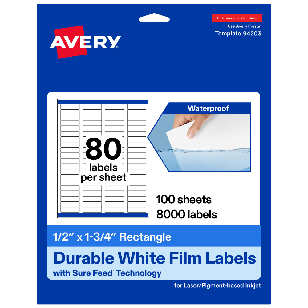 Avery Waterproof Permanent Labels With Sure Feed, 94203-WMF100, Rectangle, 1/2in x 1-3/4in, White, Pack Of 8,000