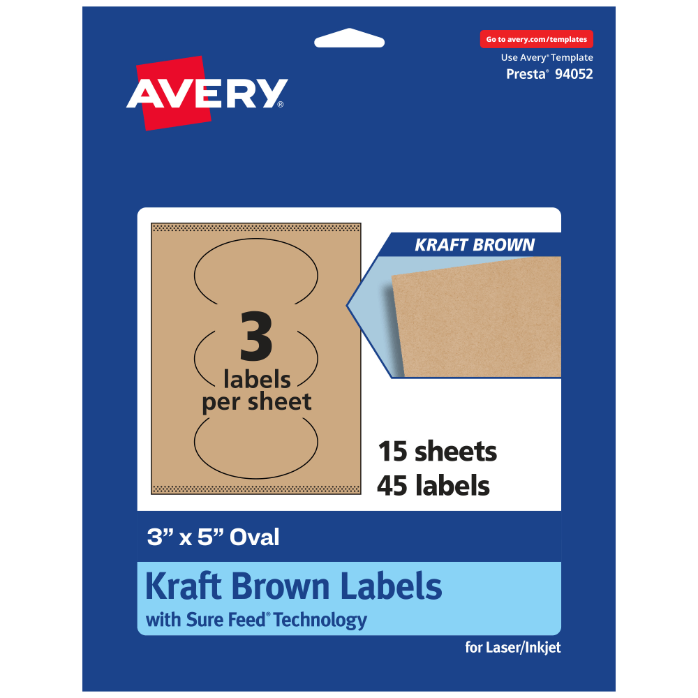 Avery Kraft Permanent Labels With Sure Feed, 94052-KMP15, Oval, 3in x 5in, Brown, Pack Of 45