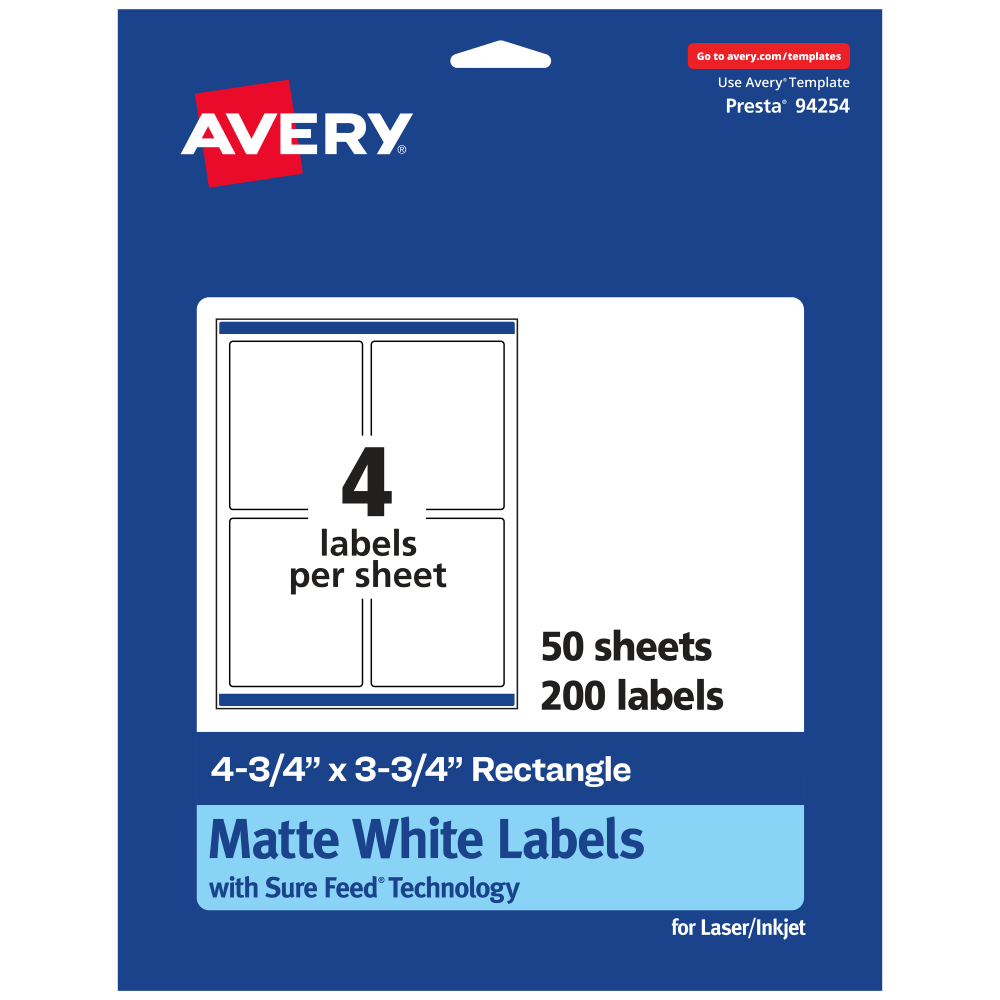 Avery Permanent Labels With Sure Feed, 94254-WMP50, Rectangle, 4-3/4in x 3-3/4in, White, Pack Of 200