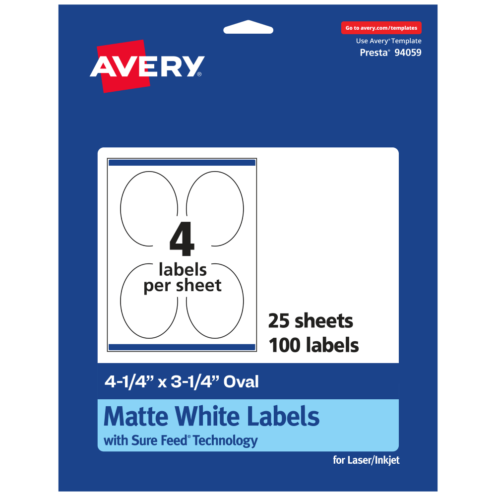 Avery Permanent Labels With Sure Feed, 94059-WMP25, Oval, 4-1/4in x 3-1/4in, White, Pack Of 100