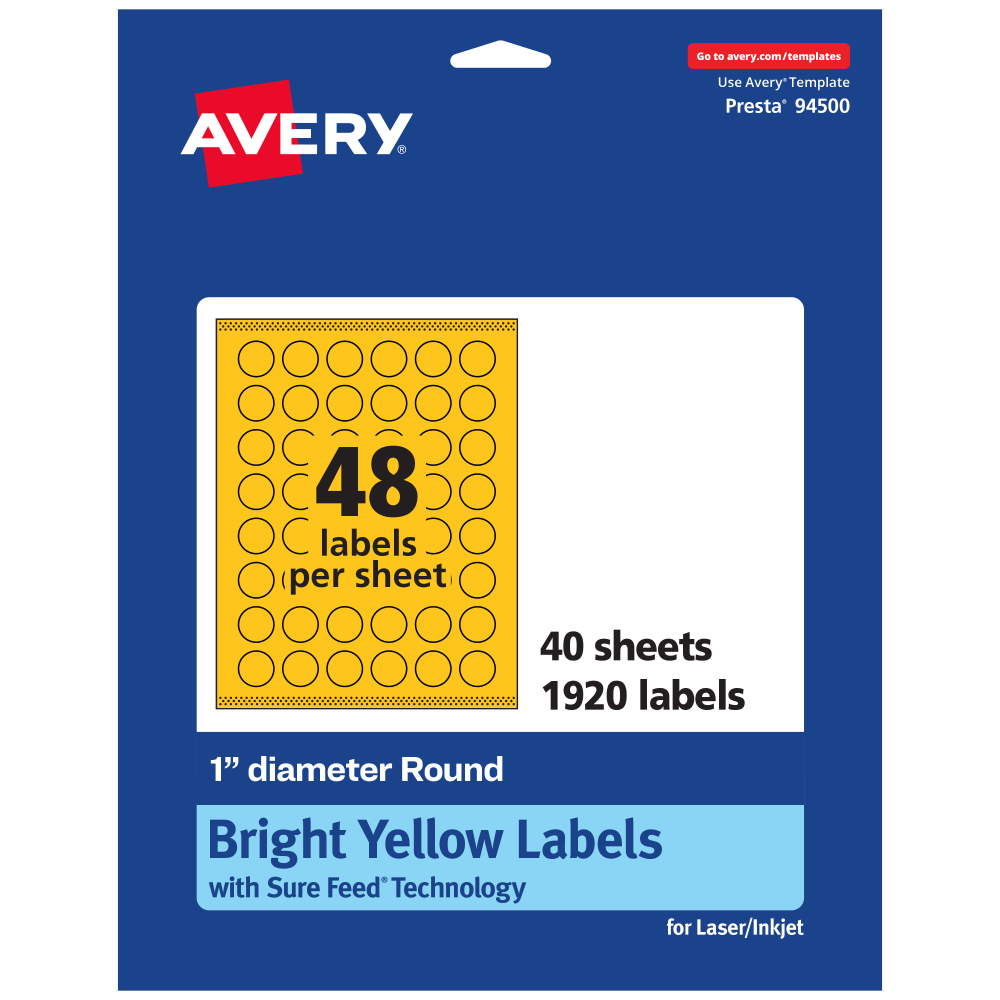 Avery Print-To-The-Edge Labels With Sure Feed Technology And Easy Peel Label Feature, 94500-BYP40, Round, 1in, Matte Bright Yellow, Pack of 1920