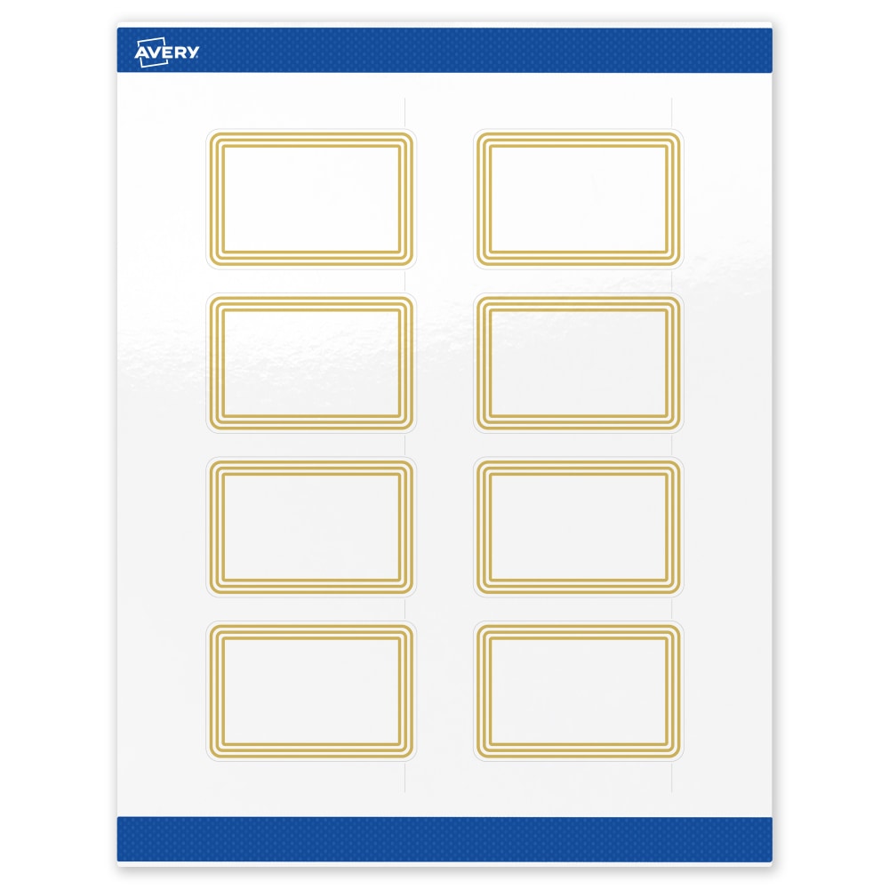 Avery Print-To-The-Edge Labels & Sure Feed, S00-DHF-PRWGP10, 2inx3in, Glossy White, Preprinted Multi-Lined Gold Border Design, Pack Of 80