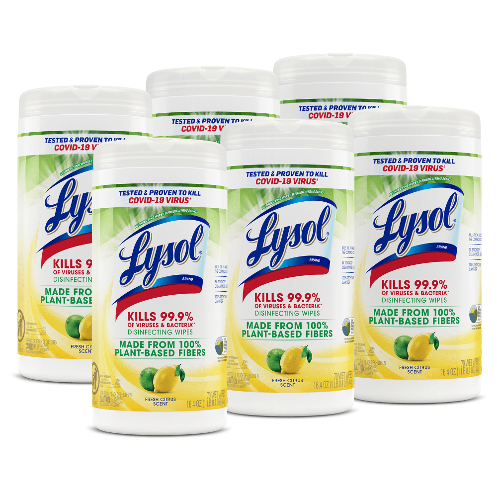 LYSOLDisinfecting Wipes II Fresh Citrus, 1-Ply, 7 x 7.25, White, 70 Wipes/Canister, 6 Canisters/Carton