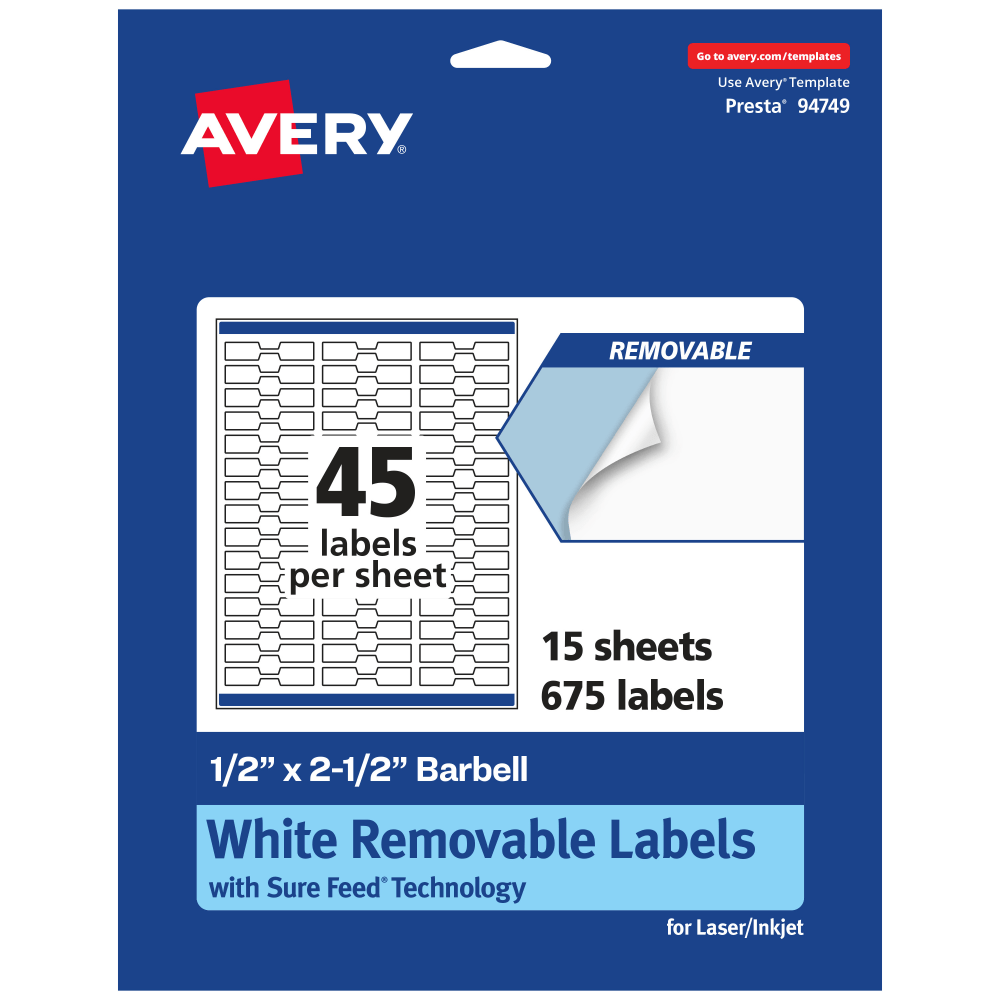 Avery Removable Labels With Sure Feed, 94749-RMP15, Barbell, 1/2in x 2-1/2in, White, Pack Of 675 Labels