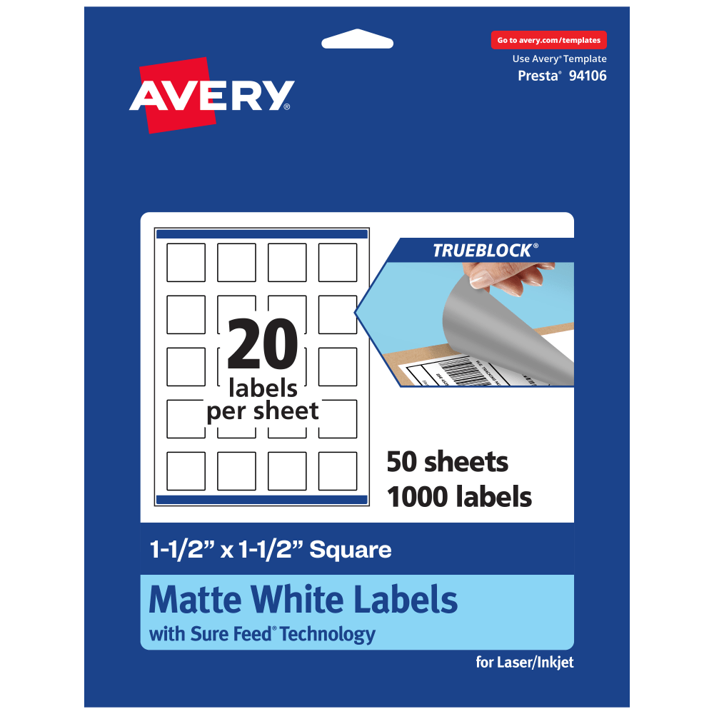 Avery Print-To-The-Edge TrueBlock Labels With Sure Feed, 94106-TWMP50, Square, 1-1/2in x 1-1/2in, Matte White, Pack Of 1000