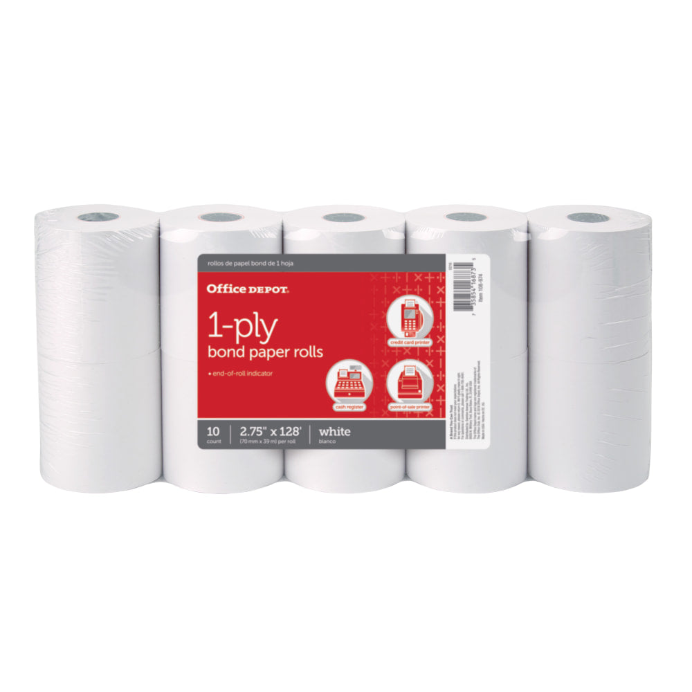 Office Depot Brand 1-Ply Bond Paper Rolls, 2-3/4in x 128ft, White, Pack Of 10
